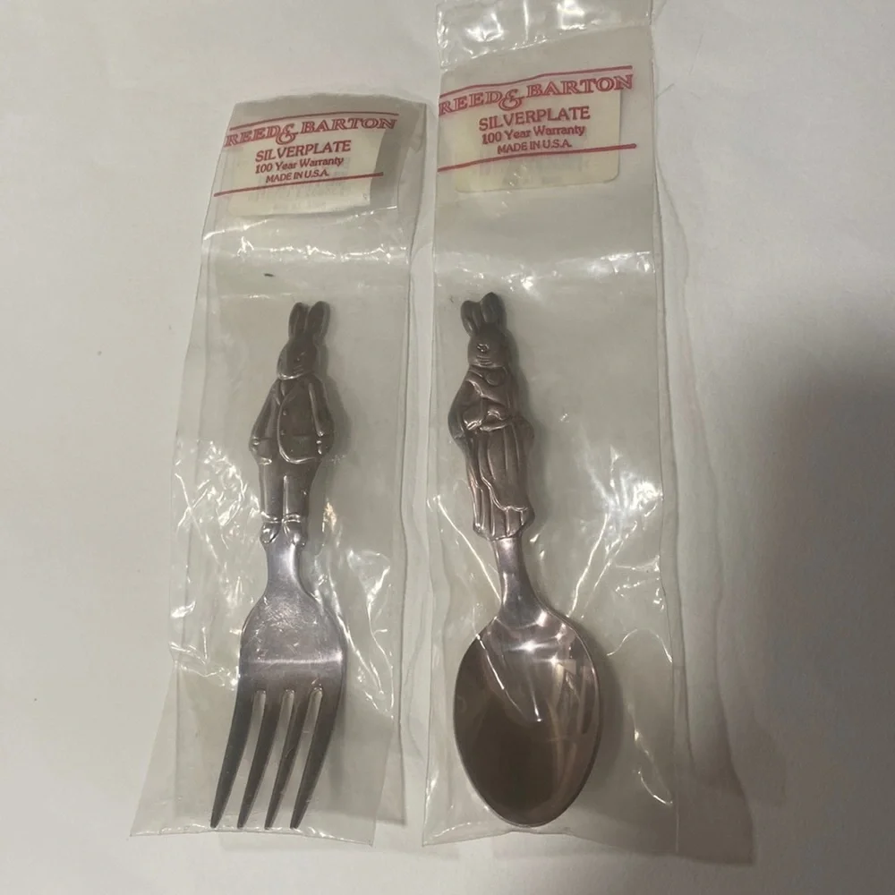 NEW Vintage Reed & Barton Mr. & Mrs. Bunny Rabbit Baby Child Fork Spoon Set